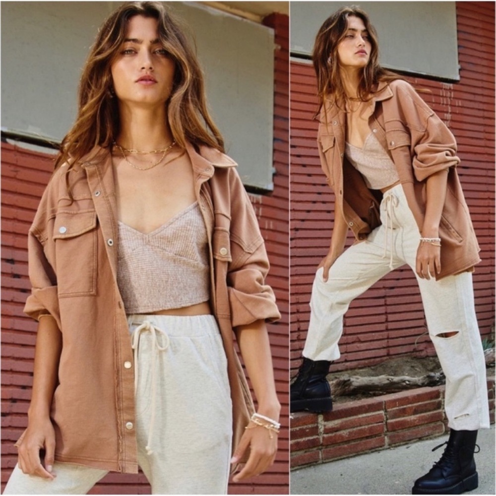 (13)New French Terry Women's Fall Comfortable Shacket Snap Button Jacket Top - Picture 3 of 4